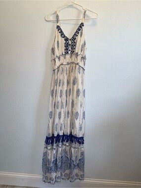 Bohemian White and Blue Maxi Dress with Embroidered Detail